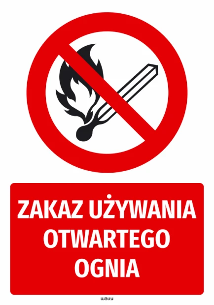 Naklejka BHP z czerwonym znakiem zakazu palenia zapałek i napisem Zakaz używania otwartego ognia na białym tle