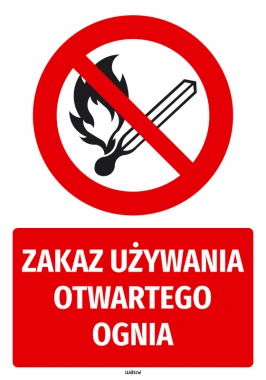 Naklejka BHP Zakaz używania otwartego ognia - Wzór graficzny. Czerwony okrąg z przekreślonym ogniem i zapałką na białym tle