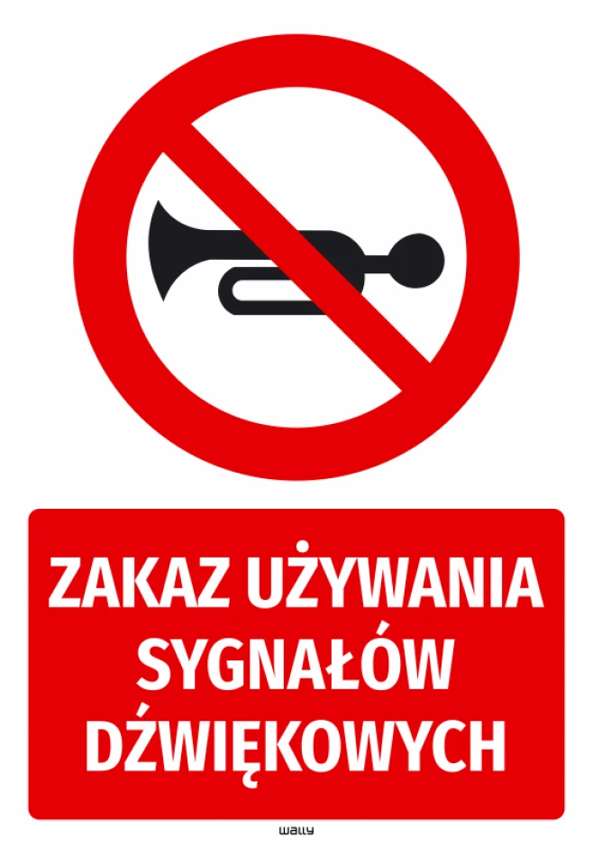 Naklejka BHP Zakaz używania sygnałów dźwiękowych - Wzór graficzny. Czerwony okrąg z przekreśloną trąbką na białym tle. Duży