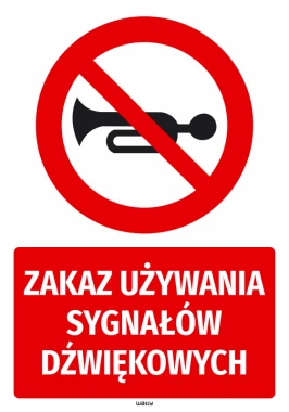 Naklejka BHP Zakaz używania sygnałów dźwiękowych - Wzór graficzny. Czerwony okrąg z przekreśloną trąbką na białym tle. Duży