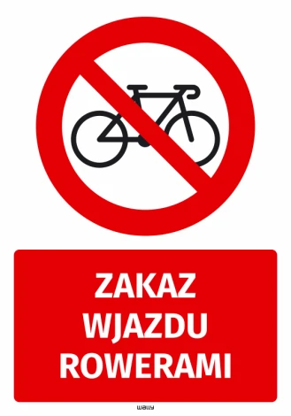 Naklejka BHP Zakaz wjazdu rowerami - Wzór graficzny. Czerwone koło z przekreślonym rowerem oraz czerwony prostokąt z białym