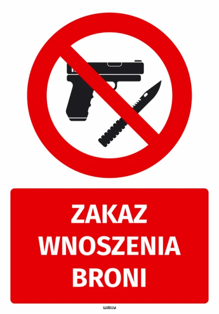 Naklejka BHP na białym tle z czerwonym znakiem zakazu wnoszenia broni, pistoletem, nożem i białym napisem na dole