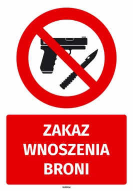 Naklejka BHP Zakaz wnoszenia broni - Wzór graficzny. Czerwone tło z symbolem broni i napisem w białej czcionce