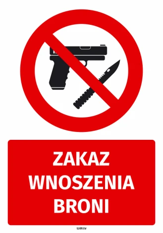 Naklejka BHP Zakaz wnoszenia broni - Wzór graficzny. Czerwone tło z symbolem broni i napisem w białej czcionce
