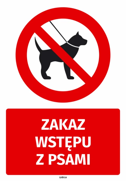Naklejka BHP z czerwonym znakiem zakazu wprowadzania psów oraz napisem Zakaz wstępu z psami na białym tle