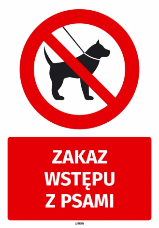 Naklejka BHP Zakaz wstępu z psami - Wzór graficzny. Czerwone tło z czarnym symbolem psa i przekreśleniem. Duży napis na dole