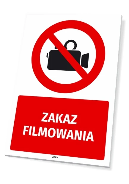Tabliczka BHP Zakaz filmowania z czerwonym znakiem zakazu, piktogramem kamery i białym napisem na czerwonym tle