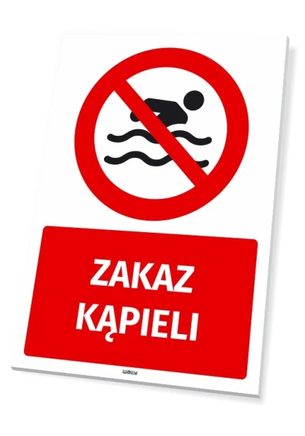 Tabliczka BHP Zakaz kąpieli - Wzór graficzny. Czerwony okrąg z przekreśloną postacią pływającą, pod nim napis ZAKAZ KĄPIELI