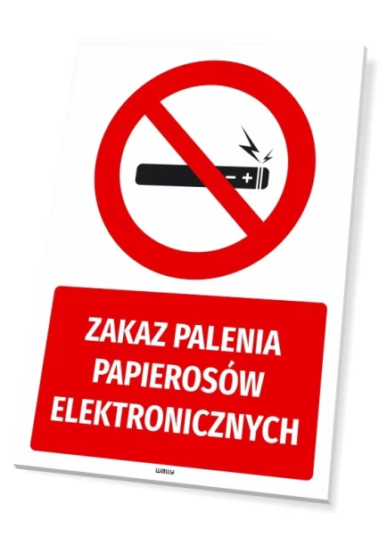Tabliczka BHP z czerwonym znakiem zakazu i napisem Zakaz palenia papierosów elektronicznych na białym tle
