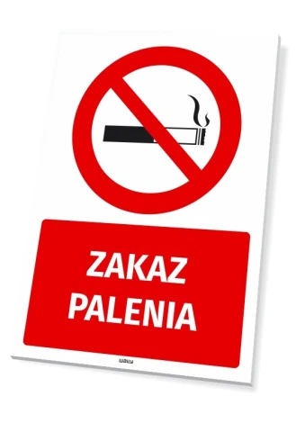 Zakaz palenia - tabliczka na ścianę - Wzór graficzny. Czerwony okrąg z przekreśloną fajką oraz napis ZAKAZ PALENIA w białym