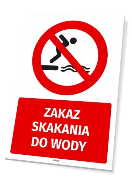 Prostokątna tabliczka BHP z czerwonym znakiem zakazu i białym napisem ZAKAZ SKAKANIA DO WODY na basen lub pomost