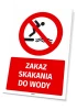 Tabliczka BHP Zakaz skakania do wody - Wzór graficzny. Okrągły symbol z postacią skaczącą do wody, przekreślony czerwoną