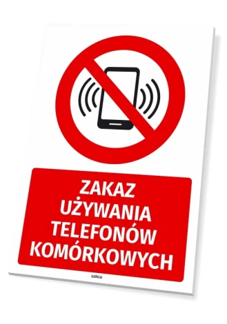 Tabliczka BHP Zakaz używania telefonów komórkowych - Wzór graficzny. Okrągły symbol przekreślonego telefonu na czerwonym