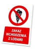 Tabliczka BHP Zakaz wchodzenia z lodami - Wzór graficzny. Czerwony okrąg z przekreśloną grafiką lodów na czarnym tle. Pod