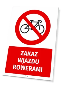 Tabliczka BHP Zakaz wjazdu rowerami - Wzór graficzny. Czerwony okrąg z przekreślonym rowerem na białym tle. Pod nim czerwony