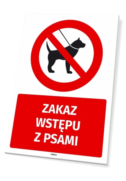 Tabliczka BHP Zakaz wstępu z psami - Wzór graficzny. Czerwony okrąg z przekreślonym psem, pod nim czerwony prostokąt