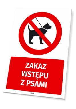 Tabliczka BHP Zakaz wstępu z psami - Wzór graficzny. Czerwony okrąg z przekreślonym psem, pod nim czerwony prostokąt