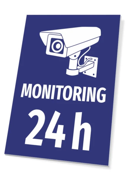 Tabliczka Monitoring 24h - Wzór graficzny. Grafika przedstawia kamerę monitorującą na niebieskim tle z białym napisem