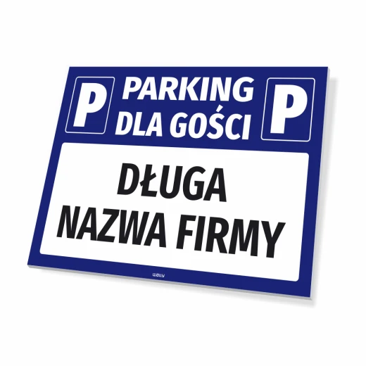 Tabliczka PARKING DLA GOŚCI z białym polem na nazwę firmy, pokazana pod kątem jako gotowy produkt