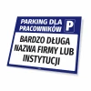 Tabliczka Parking dla pracowników z polem na nazwę - Wzór graficzny. Niebieskie tło z białym napisem i dużą literą P