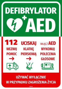 Naklejka Defibrylator AED z instrukcją pomocy - Wzór graficzny. Zielone tło z białym sercem, symbolem AED oraz instrukcjami