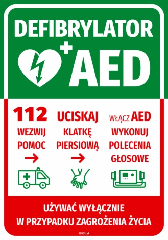 Naklejka Defibrylator AED z instrukcją pomocy - Wzór graficzny. Zielone tło z białym sercem, symbolem AED oraz instrukcjami