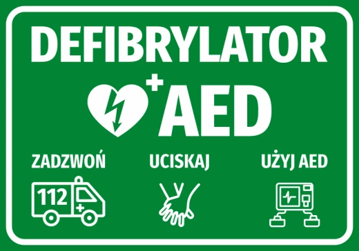 Zielona naklejka BHP z białym napisem Defibrylator AED oraz piktogramami instrukcji pierwszej pomocy