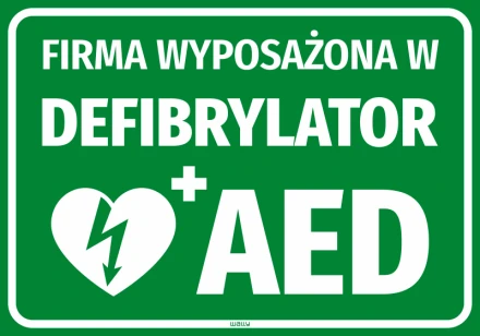 Naklejka Firma wyposażona w defibrylator AED