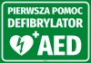 Naklejka Pierwsza pomoc Defibrylator AED - Wzór graficzny. Zielone tło z białym napisem i symbolem serca z błyskawicą