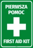 Naklejka Pierwsza pomoc First aid kit - Wzór graficzny. Zielone tło z białym krzyżem i napisem
