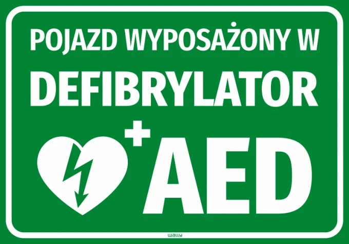Naklejka Pojazd wyposażony w defibrylator AED - Wzór graficzny. Zielone tło z białym napisem i symbolem serca z błyskawicą