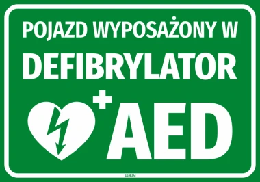Naklejka Pojazd wyposażony w defibrylator AED - Wzór graficzny. Zielone tło z białym napisem i symbolem serca z błyskawicą