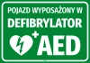 Naklejka Pojazd wyposażony w defibrylator AED - Wzór graficzny. Zielone tło z białym napisem i symbolem serca z błyskawicą