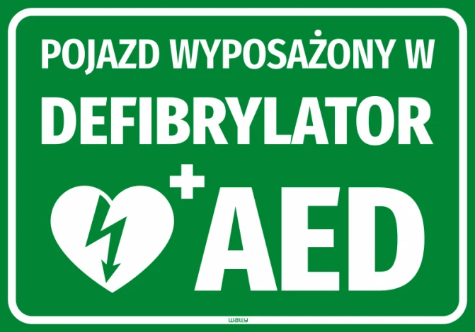 Naklejka Pojazd wyposażony w defibrylator AED - Wzór graficzny. Zielone tło z białym napisem i symbolem serca z błyskawicą
