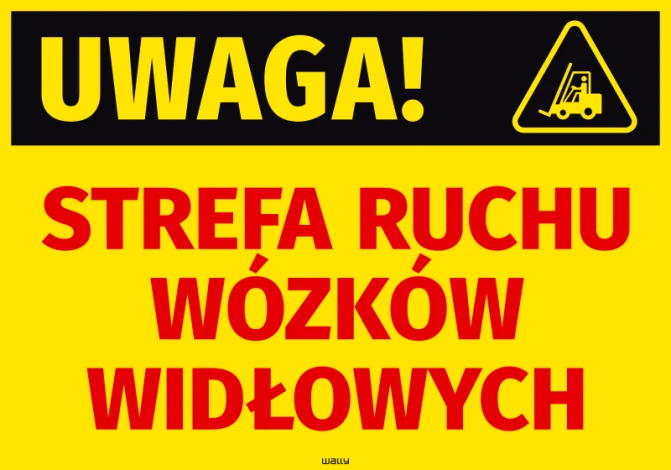 Naklejka Uwaga! Strefa ruchu wózków widłowych - Wzór graficzny. Żółte tło z czarnym napisem i symbolem wózka widłowego