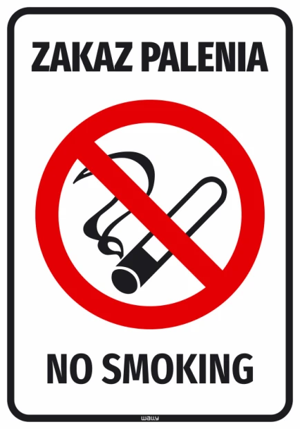 Naklejka Zakaz palenia No smoking - Wzór graficzny. Czerwony okrąg z przekreśloną fajką na białym tle. Duże czarne litery