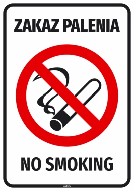 Naklejka Zakaz palenia No smoking - Wzór graficzny. Czerwony okrąg z przekreśloną fajką na białym tle. Duże czarne litery