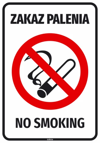 Naklejka Zakaz palenia No smoking - Wzór graficzny. Czerwony okrąg z przekreśloną fajką na białym tle. Duże czarne litery