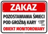 Naklejka Zakaz pozostawiania śmieci pod groźbą kary Obiekt monitorowany - Wzór graficzny. Czerwone tło z białym tekstem