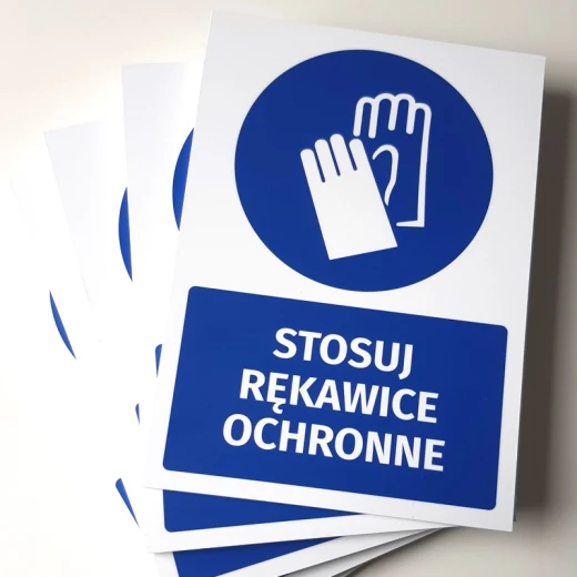 Zestaw kilku niebieskich tabliczek BHP nakazu z napisem Stosuj rękawice ochronne ułożonych w wachlarz