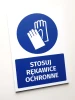 Tabliczka BHP z piktogramem Stosuj rękawice ochronne - Wzór graficzny. Okrągły niebieski symbol z białymi rękawicami