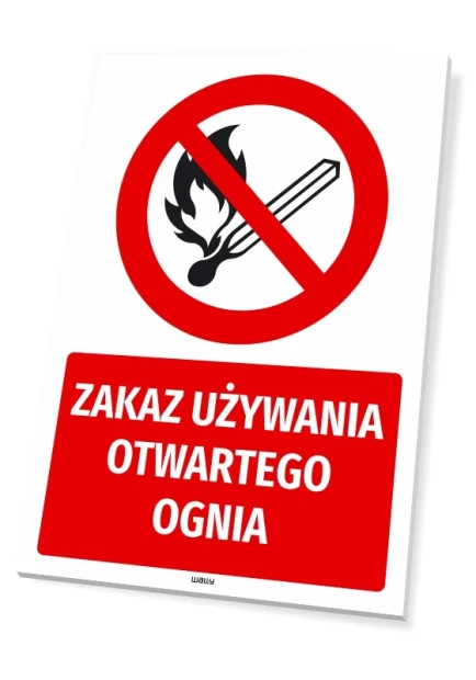Tabliczka BHP z czerwonym znakiem zakazu i napisem Zakaz używania otwartego ognia na białym tle