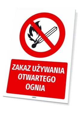 Tabliczka BHP Zakaz używania otwartego ognia - Wzór graficzny. Czerwony okrąg z przekreśloną zapałką i płomieniem, pod