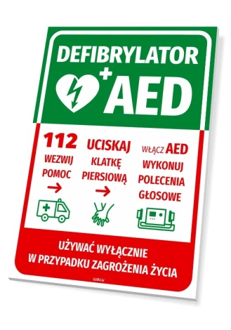 Tabliczka Defibrylator AED z instrukcją pomocy - Wzór graficzny. Zielone tło, białe i czerwone napisy, symbole serca