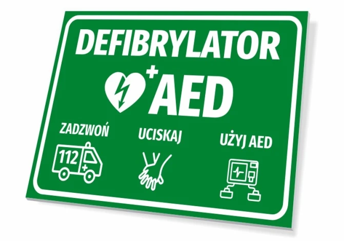 Tabliczka Defibrylator AED z piktogramami pomocy - Wzór graficzny. Zielone tło z białymi napisami i ikonami