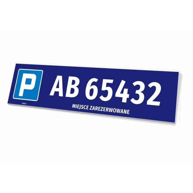 Tabliczka parkingowa z numerem rejestracyjnym, miejsce zarezerwowane - Wzór graficzny. Prosta forma prostokątna, niebieskie
