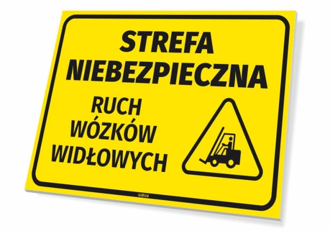 Tabliczka Strefa Niebezpieczna Ruch wózków widłowych - Wzór graficzny. Żółte tło z czarnym tekstem i piktogramem wózka
