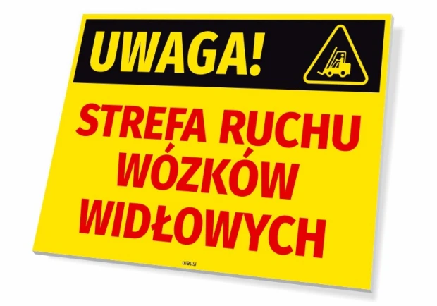 Żółta tabliczka ostrzegawcza BHP z piktogramem i napisem UWAGA! STREFA RUCHU WÓZKÓW WIDŁOWYCH na białym tle