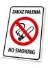 Tabliczka Zakaz palenia No smoking - Wzór graficzny. Czerwony okrąg z przekreśloną papierosem na białym tle. Napisy czarne