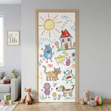 Tablica suchościeralna na drzwi w różnych kolorach - Aranżacja w biurze. Ściany w odcieniach szarości, podłoga drewniana